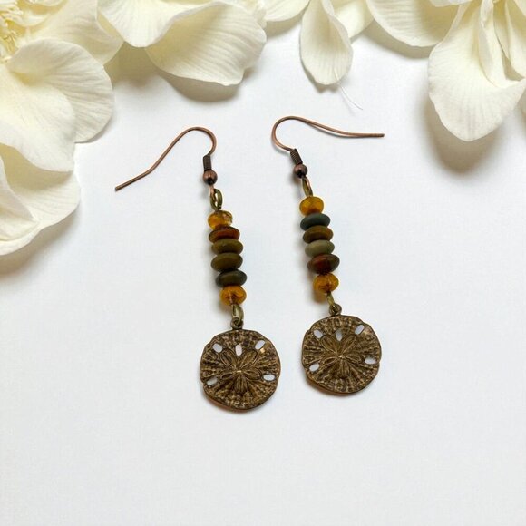 Rustic Natural Brass Sand Dollar Earrings Jasper Beaded Czech Glass Copper Hooks - Picture 6 of 10